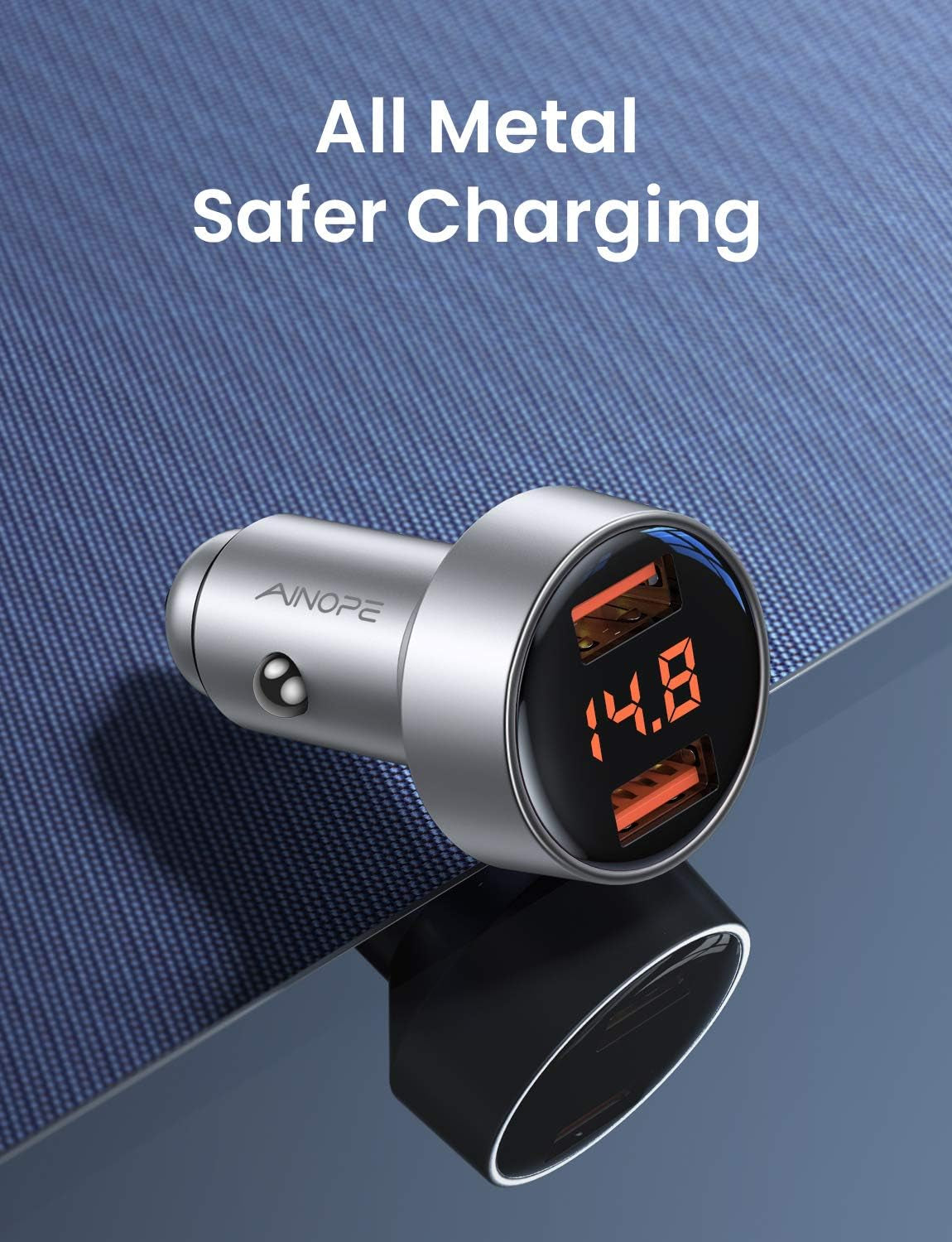 Car Charger Adapter, Dual QC3.0 Port 6A/36W USB Car Charger All Metal Cigarette Lighter USB Charger Voltage Display Compatible with 11/11 Pro/Xr/X/Xs/8, Galaxy Note 8/S9/S10+/S8 - Silver
