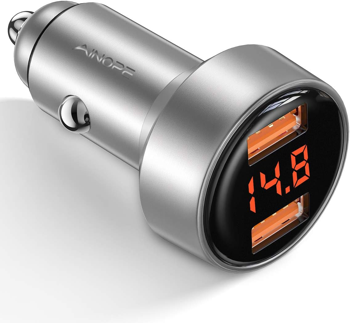 Car Charger Adapter, Dual QC3.0 Port 6A/36W USB Car Charger All Metal Cigarette Lighter USB Charger Voltage Display Compatible with 11/11 Pro/Xr/X/Xs/8, Galaxy Note 8/S9/S10+/S8 - Silver