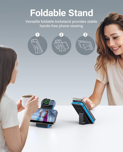 Magnetic Wireless Power Bank, 2 in 1 Foldable 10000Mah Portable Charger, External Battery Pack with USB-C Cable, 4 Outputs 2 Inputs,Compatible with Apple Watch/Iphone 14/13/12 Series(Blue)