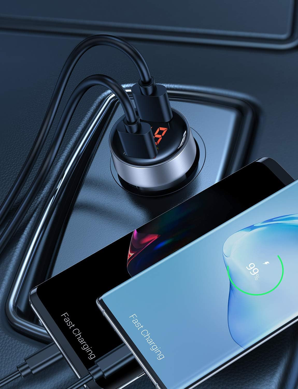 Car Charger Adapter, Dual QC3.0 Port 6A/36W USB Car Charger All Metal Cigarette Lighter USB Charger Voltage Display Compatible with 11/11 Pro/Xr/X/Xs/8, Galaxy Note 8/S9/S10+/S8 - Silver