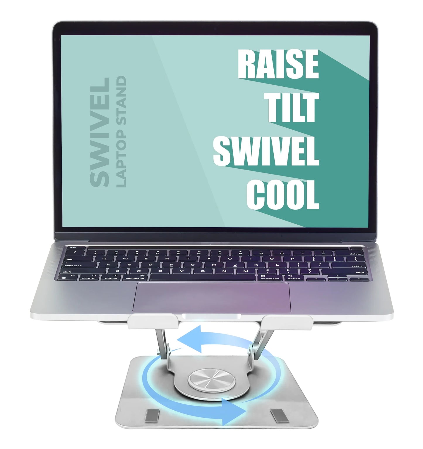 Swivel Laptop Stand for Desk – Adjustable Laptop Riser with 360° Rotation, Height & Tilt, Vented Metal Cooling Panel, Portable Folding Stand (Silver)