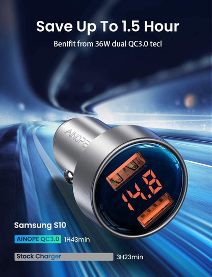 Car Charger Adapter, Dual QC3.0 Port 6A/36W USB Car Charger All Metal Cigarette Lighter USB Charger Voltage Display Compatible with 11/11 Pro/Xr/X/Xs/8, Galaxy Note 8/S9/S10+/S8 - Silver