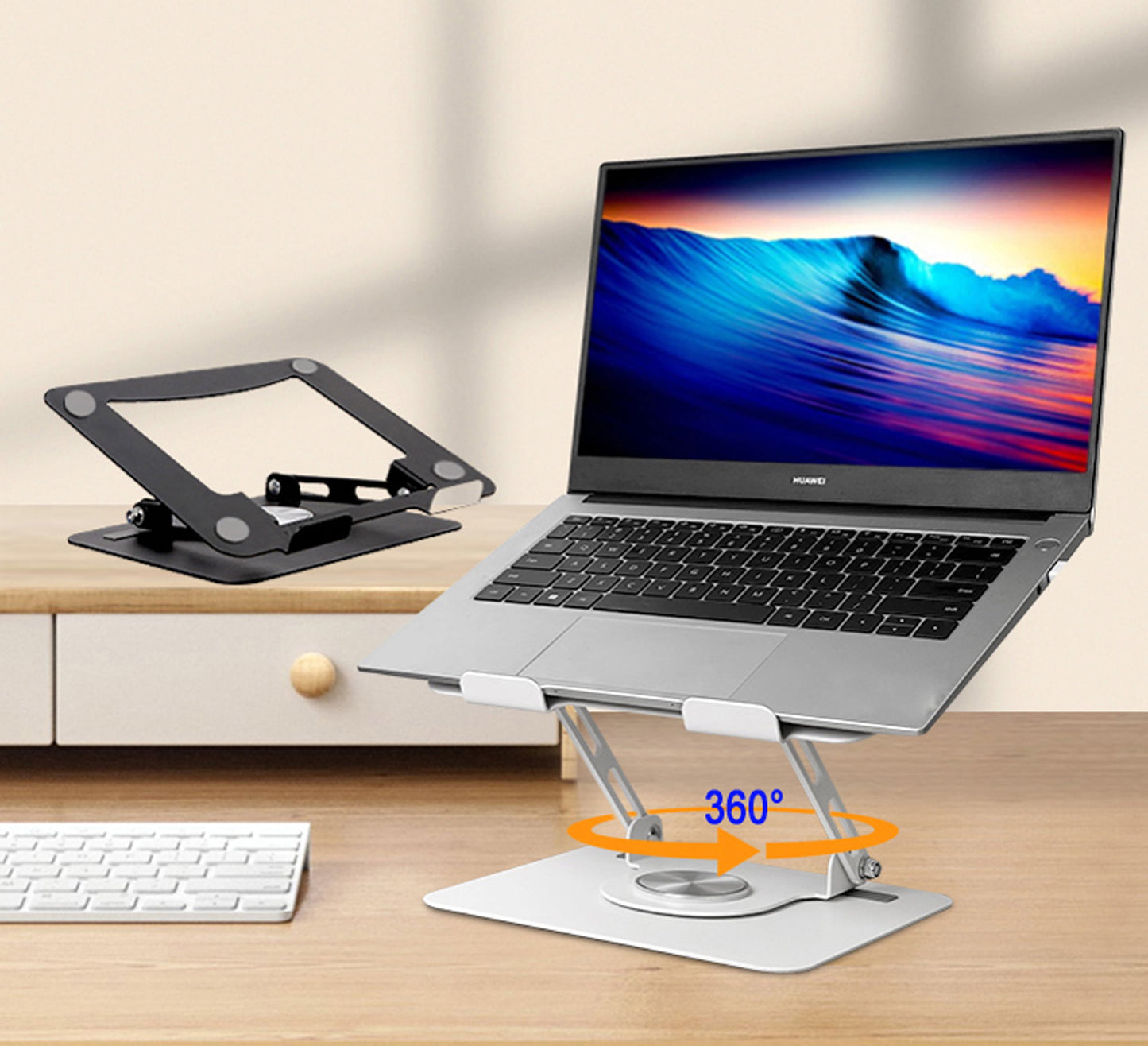 Swivel Laptop Stand for Desk – Adjustable Laptop Riser with 360° Rotation, Height & Tilt, Vented Metal Cooling Panel, Portable Folding Stand (Silver)