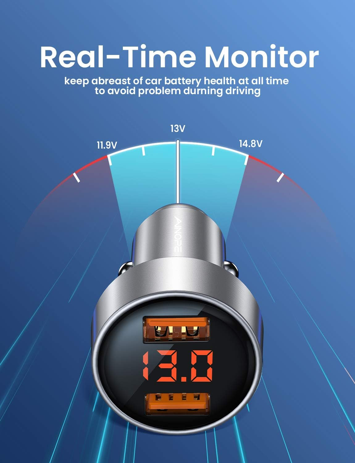 Car Charger Adapter, Dual QC3.0 Port 6A/36W USB Car Charger All Metal Cigarette Lighter USB Charger Voltage Display Compatible with 11/11 Pro/Xr/X/Xs/8, Galaxy Note 8/S9/S10+/S8 - Silver