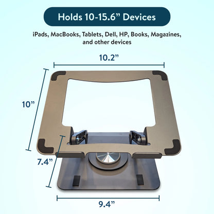 Swivel Laptop Stand for Desk – Adjustable Laptop Riser with 360° Rotation, Height & Tilt, Vented Metal Cooling Panel, Portable Folding Stand (Silver)